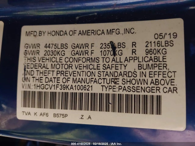 1HGCV1F39KA100621 Honda Accord Sport