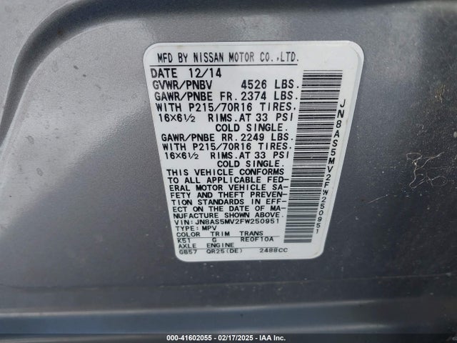 JN8AS5MV2FW250951 Nissan Rogue Select S