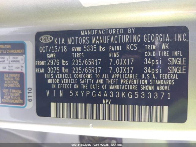 5XYPG4A33KG533371 KIA Sorento 2.4l Lx