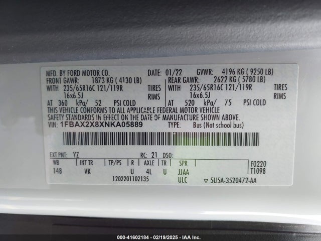 1FBAX2X8XNKA05889 Ford Transit-350 Passenger Van Xl