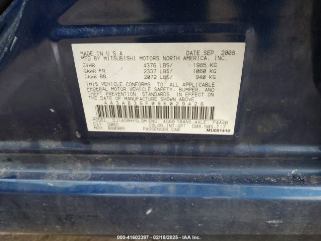 2009 MITSUBISHI GALANT 4A3AB36F09E029426 Photo 8