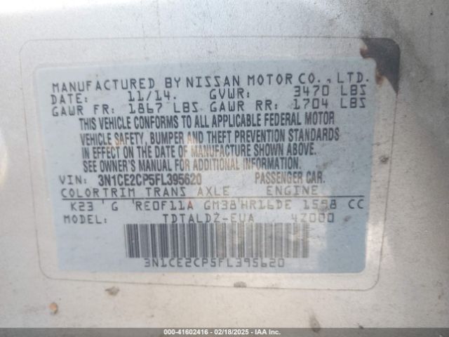 3N1CE2CP5FL395620 Nissan Versa Note S (sr)/s Plus/sl/sr/sv