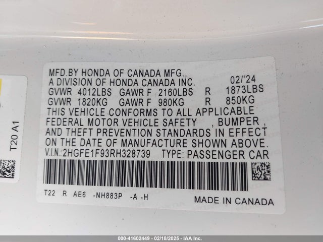 Honda Civic Touring 2024 2HGFE1F93RH328739 Image 9