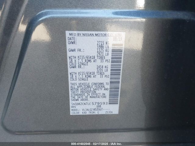 5N1DR2CN7LC579593 Nissan Pathfinder Sl 2wd