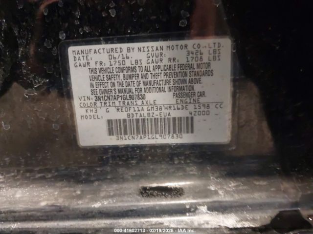 3N1CN7AP1GL907830 Nissan Versa 1.6 S/1.6 S+/1.6 Sl/1.6 Sv