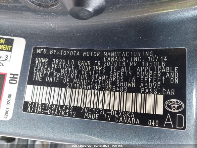 2T1BURHE9FC276483 Toyota Corolla S Premium