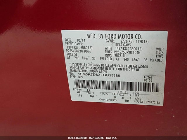 1FM5K7D8XFGB15886 Ford EXPLORER XLT
