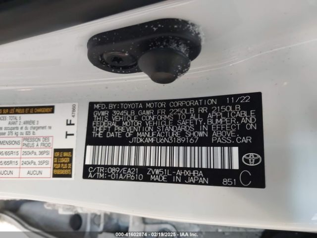 JTDKAMFU6N3189167 Toyota Prius Limited