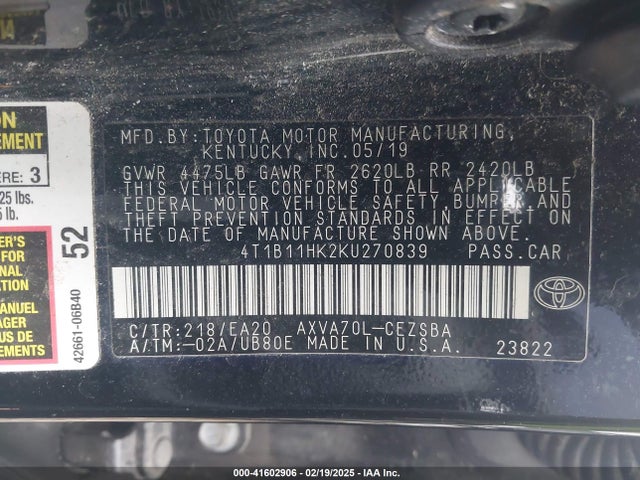 4T1B11HK2KU270839 Toyota CAMRY SE