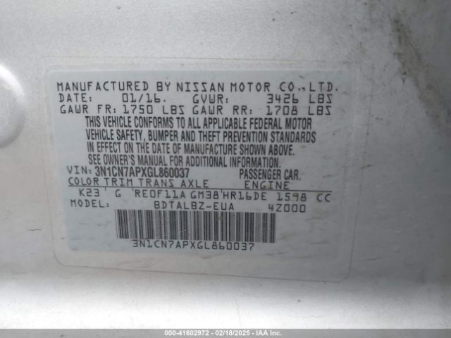 3N1CN7APXGL860037 Nissan Versa 1.6 S/1.6 S+/1.6 Sl/1.6 Sv