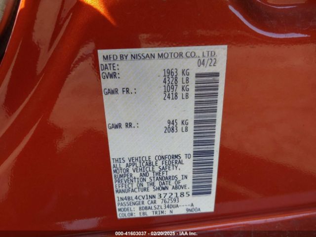 1N4BL4CV1NN372185 Nissan Altima Sr Fwd