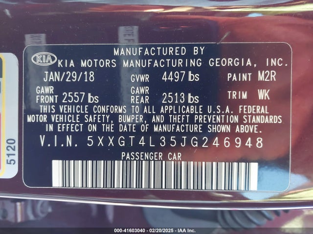 5XXGT4L35JG246948 KIA Optima Lx