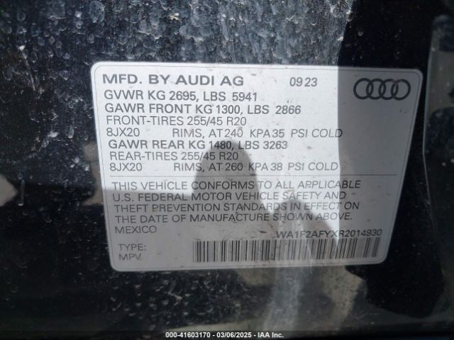 WA1F2AFYXR2014930 Audi Q5 Prestige 55 Tfsi E S Line Quattro S Tronic