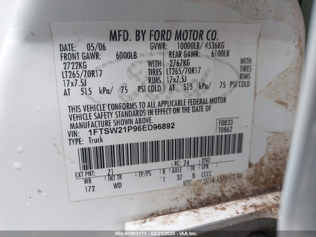 2006 Ford F-250 Lariat/xl/xlt მანქანა იყიდება აუქციონზე, vin: 1FTSW21P96ED96892, აუქციონის ნომერი: 41603171