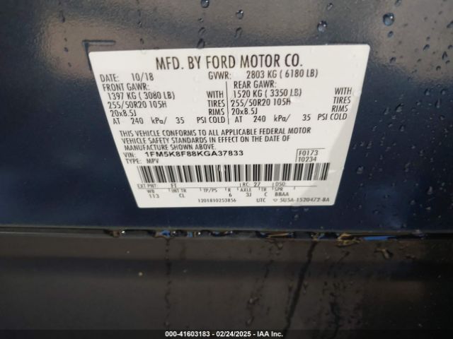 1FM5K8F88KGA37833 Ford Explorer Limited