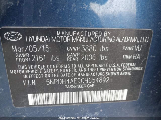5NPDH4AE9GH654892 Hyundai ELANTRA SE