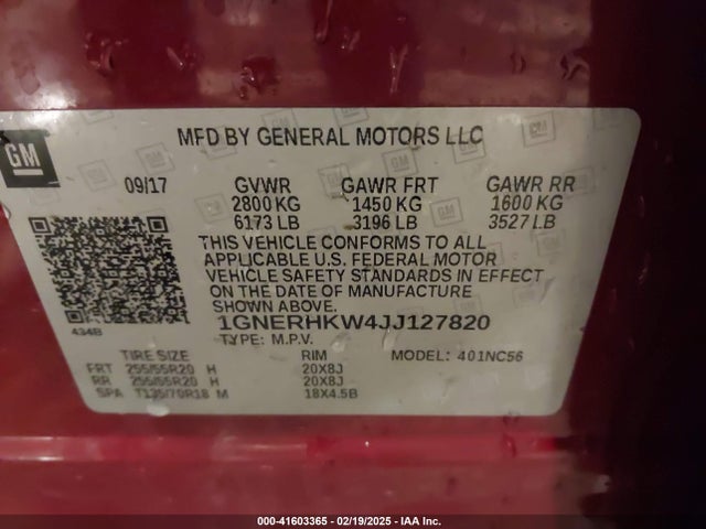 1GNERHKW4JJ127820 Chevrolet Traverse 3lt