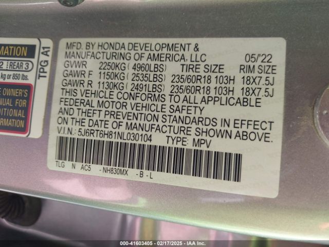 5J6RT6H81NL030104 Honda Cr-v Hybrid Ex-l