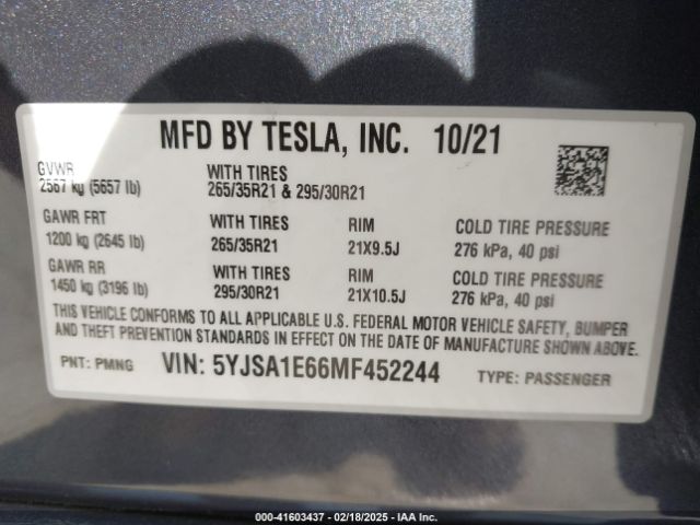 5YJSA1E66MF452244 Tesla Model S Plaid Tri Motor All-wheel Drive