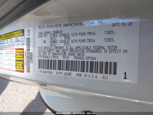 5TFRX5GN6LX175818 Toyota 2tr-fe
