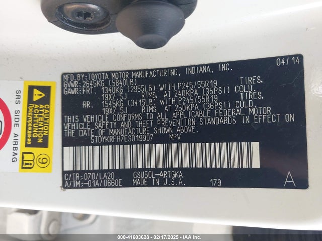 5TDYKRFH7ES019907 Toyota Highlander Limited Platinum V6
