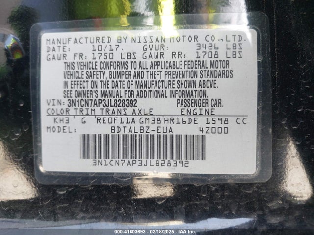 3N1CN7AP3JL828392 Nissan Versa 1.6 Sv