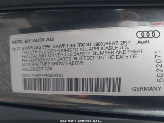 WAUL2BF27PN039318 Audi A6 Premium Plus 55 Tfsi Quattro S Tronic