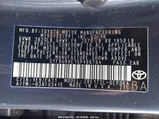 Toyota COROLLA L 2016 5YFBURHE1GP466764 Image 9