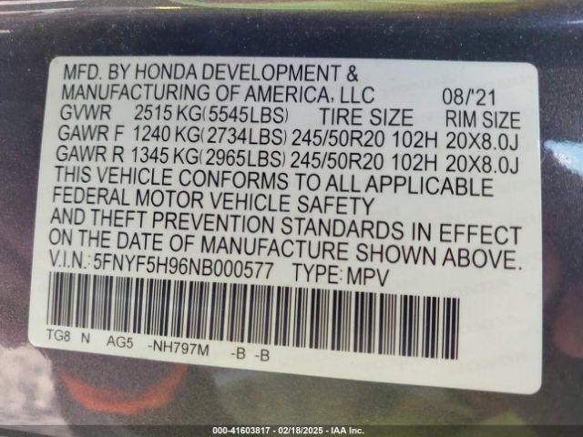5FNYF5H96NB000577 Honda Pilot 2wd Touring 8 Passenger