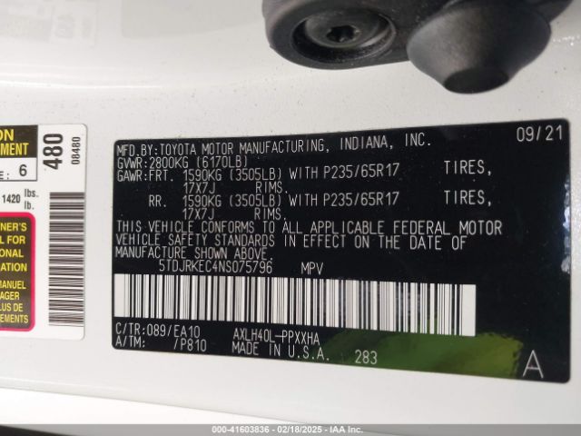 5TDJRKEC4NS075796 Toyota SIENNA XLE