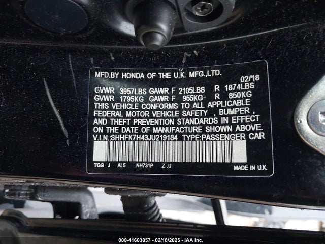 SHHFK7H43JU219184 Honda Civic Sport