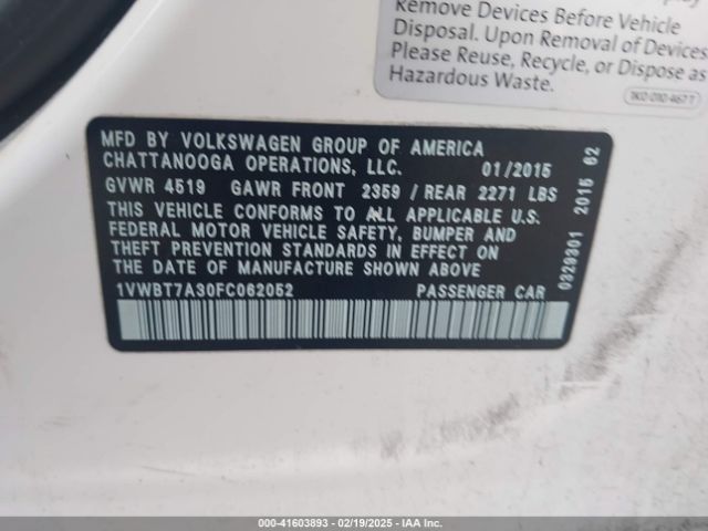 1VWBT7A30FC062052 Volkswagen Passat 1.8t Se
