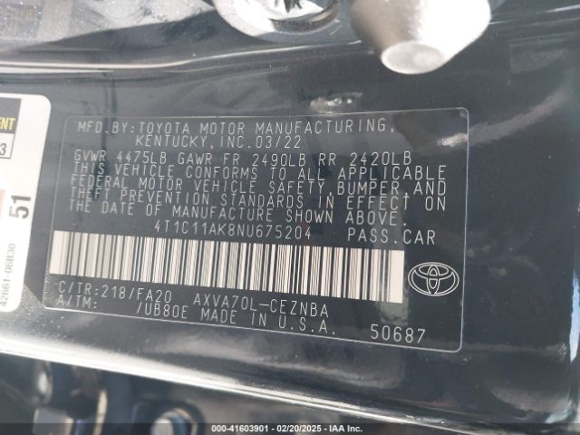 4T1C11AK8NU675204 Toyota CAMRY LE
