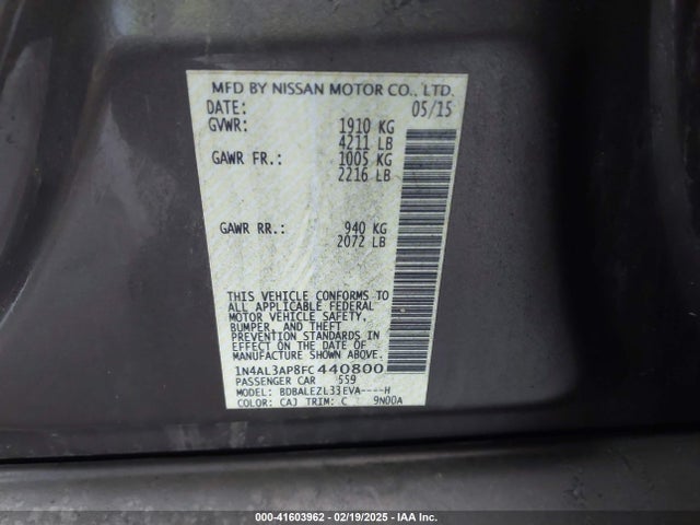 Nissan Altima 2.5 S 2015 1N4AL3AP8FC440800 Image 9