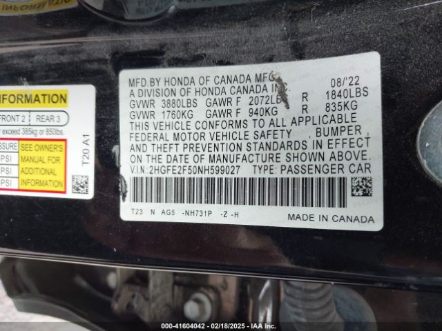 2HGFE2F50NH599027 Honda Civic Sport