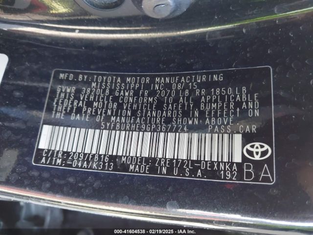 5YFBURHE9GP367724 Toyota COROLLA LE