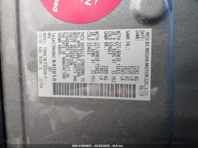 5N1AT2MV6KC840858 Nissan ROGUE SV