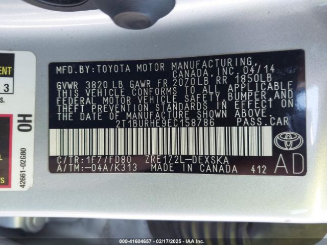 2T1BURHE9EC158786 Toyota Corolla S Plus