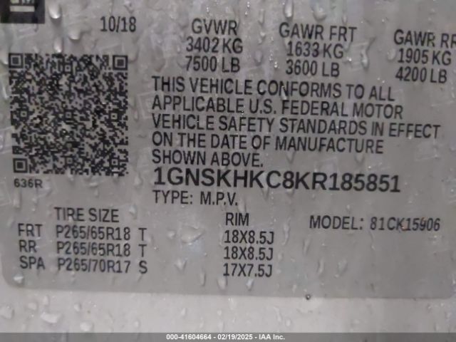 1GNSKHKC8KR185851 Chevrolet Suburban Lt