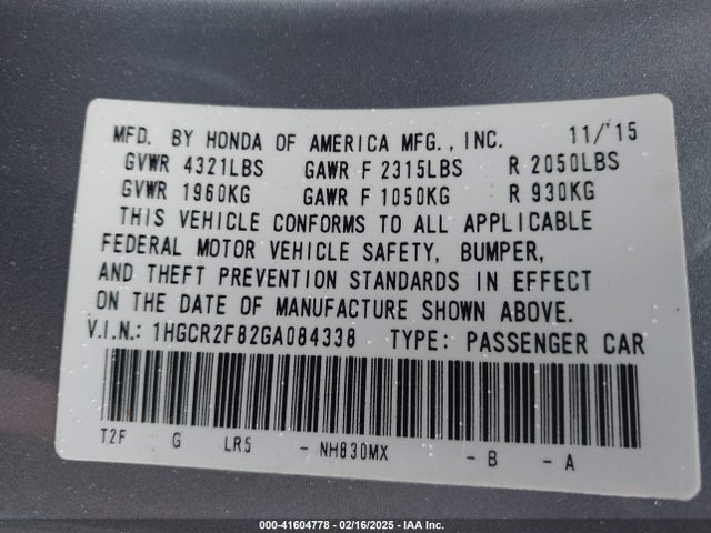 1HGCR2F82GA084338 Honda Accord Ex-l