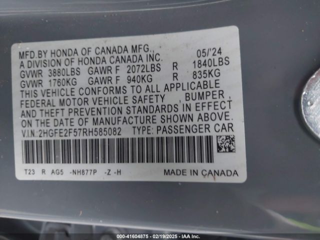 2HGFE2F57RH585082 Honda Civic Sport