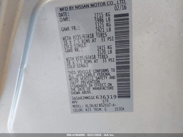 5N1AR2MM1GC636319 Nissan Pathfinder S