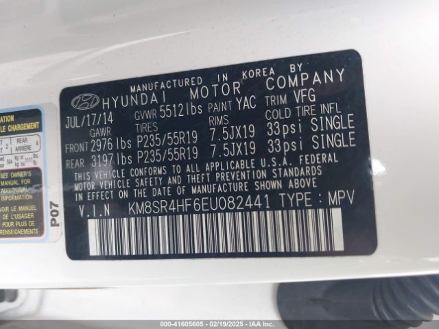 KM8SR4HF6EU082441 Hyundai Santa Fe Limited