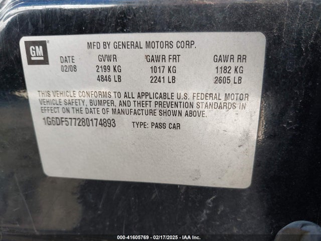 2008 Cadillac Cts Standard მანქანა იყიდება აუქციონზე, vin: 1G6DF577280174893, აუქციონის ნომერი: 41605769