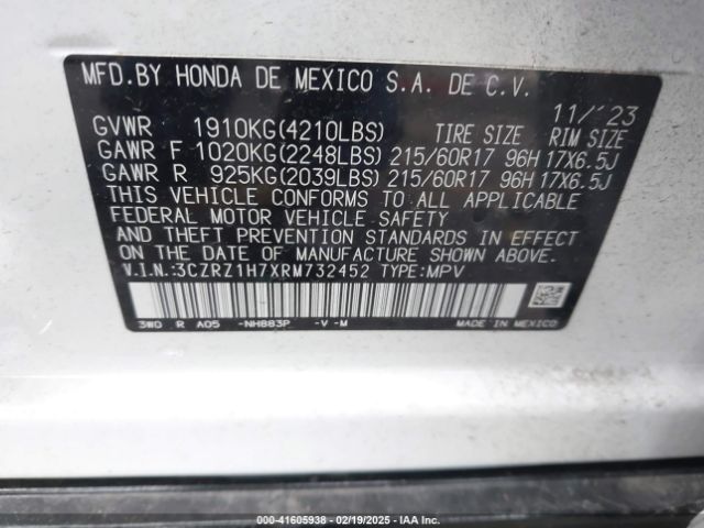 3CZRZ1H7XRM732452 Honda Hr-v 2wd Ex-l/2wd Ex-l W/o Bsi