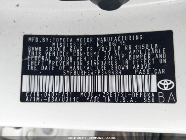 5YFBURHE4FP349484 Toyota COROLLA L