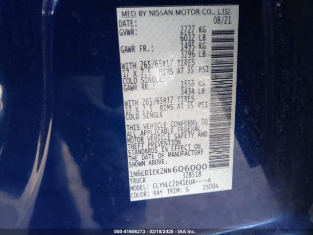 1N6ED1EK2NN606000 Nissan Frontier Sv 4x4