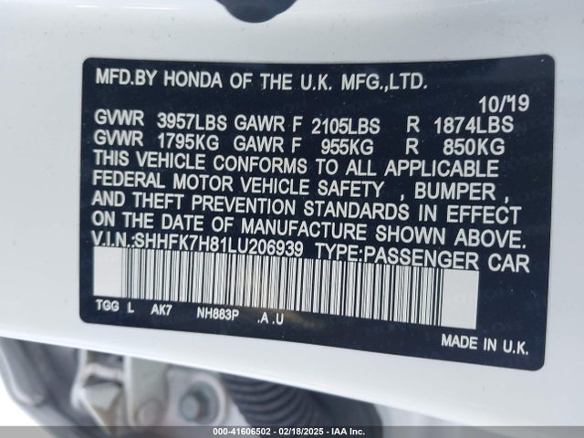 SHHFK7H81LU206939 Honda Civic Ex-l