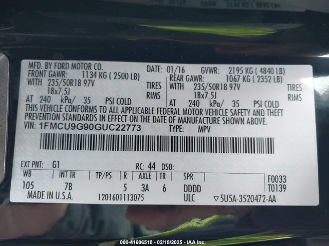 Ford ESCAPE SE 2016 1FMCU9G90GUC22773 Image 9