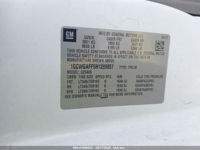 1GCWGAFF5H1289857 Chevrolet Express 2500 Work Van